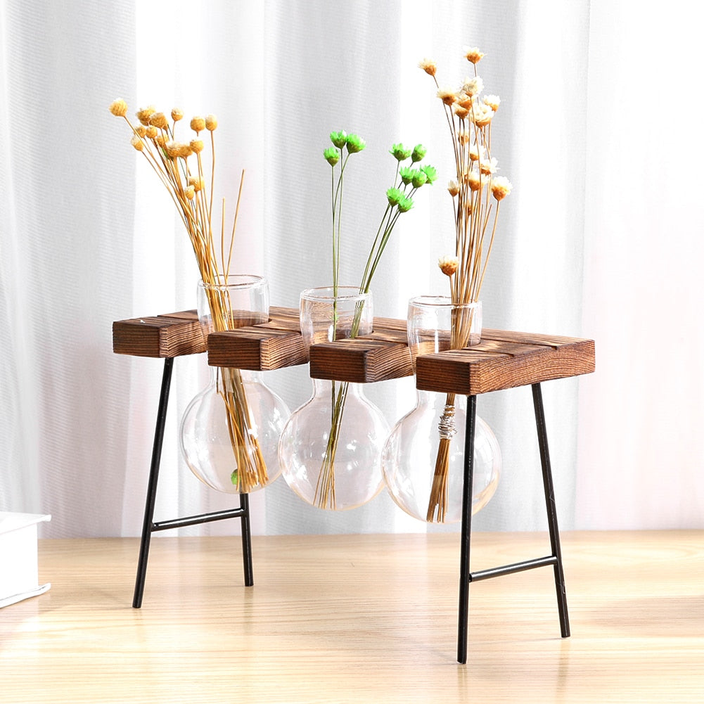 Natural Pure Glass and Wood Vases Planter